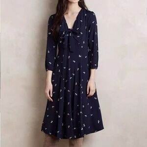 Anthropologie Navy Floral Midi Dress with 3/4 sleeves